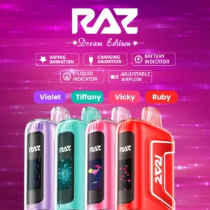 A hand holding a new Raz vape, ready to replace an old, used one