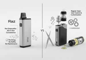 A simple, sleek Raz disposable vape placed next to a traditional vape mod with its tank and e-liquid bottle