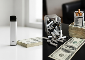 A person holding a Raz vape in one hand and a calculator in the other, weighing options