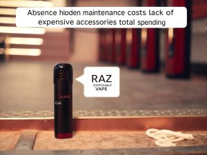 A hand holding a Raz disposable vape with a wallet in the background, symbolizing affordability and value