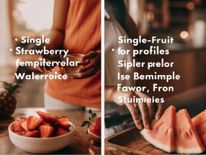 A colorful but simple arrangement of fresh fruits like strawberries and watermelon next to a Raz vape