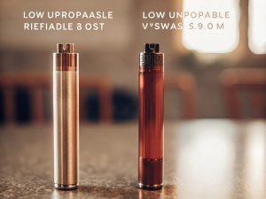 A scale balancing a pile of disposables on one side and a single refillable vape kit on the other, illustrating the cost trade-off