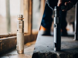 A sturdy, metal-cased rechargeable vape mod placed next to a colorful plastic disposable vape, highlighting material differences