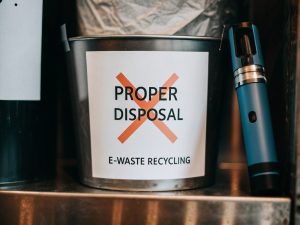 An icon representing e-waste recycling next to a disposable vape, emphasizing responsible disposal
