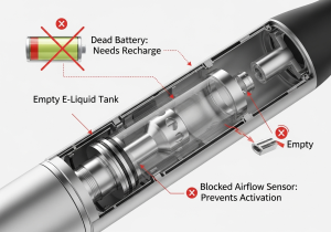 A simple diagram showing the three main points of failure in a disposable vape: battery, e-liquid tank, and airflow sensor