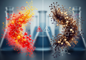 A laboratory setting with beakers filled with colorful liquids, representing the creation of vape flavors
