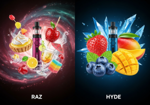 A split image showing complex desserts on one side and a bowl of vibrant, fresh fruits on the other