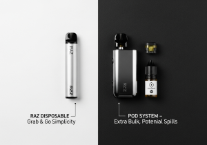 Simplicity in Your Pocket: Disposable vs. Pod System A minimalist photo showing a single, compact Raz vape next to keys and a wallet
