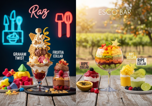 A divided image with decadent desserts and candies on the Raz side, and a vibrant arrangement of fresh fruits on the Esco Bar side
