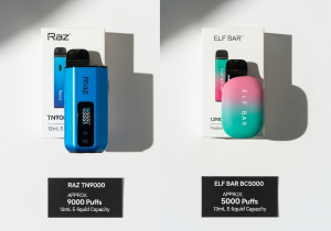 A comparison chart graphic showing puff counts for Raz and Elf Bar models