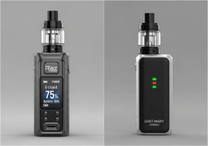 A close-up split-screen image showing the detailed Raz TN9000 screen next to the simple Lost Mary OS5000 LED light