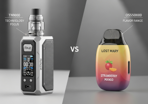 A Raz vape and a Lost Mary vape positioned side-by-side on a neutral background