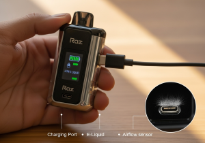 A person holding a non-working Raz vape with a puzzled expression