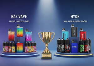 A Raz vape and a Hyde vape positioned on opposite sides of a colorful, flavor-filled background