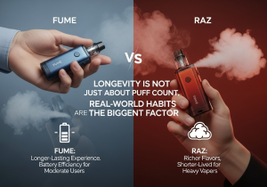 A Raz vape and a Fume vape side-by-side in front of a calendar to symbolize time and longevity