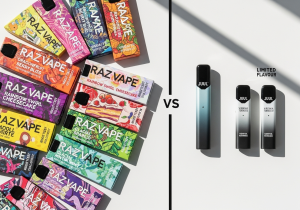 Vibrant Fruit Flavors vs. Plain Tobacco Leaf A vibrant collage of different fruits and candies next to a single tobacco leaf