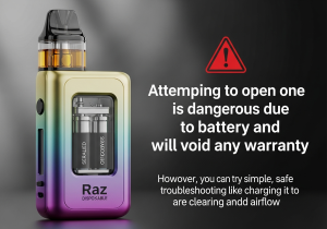 A hand cleaning a vape mouthpiece with a cotton swab, with a "Do Not Open" symbol in the background