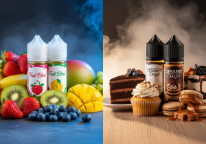 A person relaxing on a couch with a fruit-flavored vape, and another image of someone enjoying a dessert vape after a meal