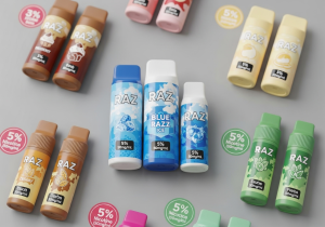 A colorful and vibrant display of various Raz disposable vape flavors neatly arranged
