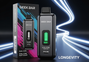 A battery icon with a long-lasting charge indicator next to a Geek Bar vape