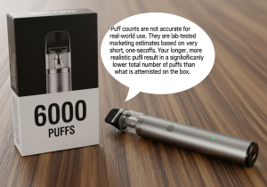 A laboratory robot arm holding a vape, representing the idealized testing conditions for puff counts