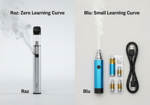 A simple arrow pointing from a new Raz vape to a trash bin, symbolizing its simple lifecycle