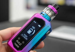 A close-up shot of the RAZ TN9000 screen clearly showing the battery and e-liquid level indicators