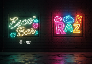 Two distinct flavor wheels, one for Raz showing candies and desserts, the other for Esco Bar showing exotic fruits