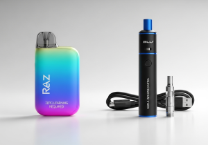 A person looking thoughtfully at a Raz vape and a Blu e-cig, deciding which to choose