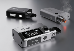 A close-up shot of the Raz TN9000 screen clearly displaying the battery and e-liquid percentage levels