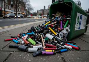 An image of a single-use disposable vape in a landfill, highlighting the environmental problem