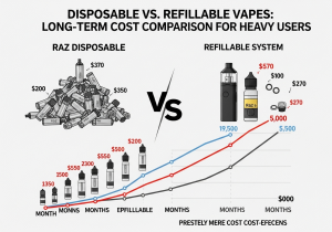 A scale balancing a single refillable vape kit against a pile of disposable vapes, symbolizing long-term cost