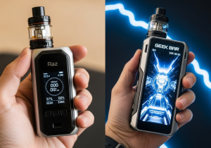 A hand comfortably holding a sleek Raz vape, highlighting its ergonomic design