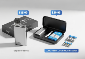 A piggy bank with a Blu cartridge being dropped in, next to a pile of coins for a single Raz vape