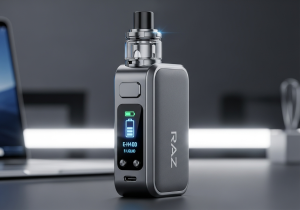 Convenience and Peace of Mind A person confidently grabbing their Raz vape before leaving the house, not needing to worry about it dying