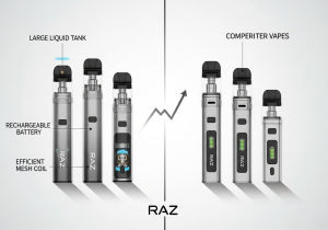 Raz Vape Outlasting Competitors A Raz vape standing tall while other generic vapes are shown fading or disappearing