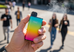 A person effortlessly taking a Raz vape out of their pocket while on the go, highlighting its portability and ease of use