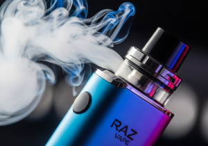 Enjoying the Intense Flavor of a Raz Vape A person looking pleased while using a Raz Vape, with graphics of fruit flavors exploding in the background