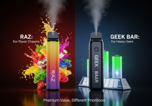 A scale balancing a Raz vape on one side and a Geek Bar on the other, symbolizing value