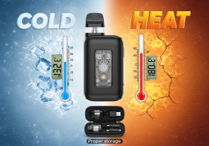 A split image showing a vape in a hot car on one side and a snowy landscape on the other