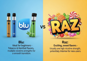 A display shelf showing classic tobacco flavors for Blu next to vibrant, fruity options from Raz