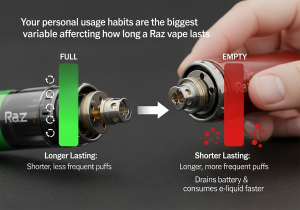 A split image showing a positive online review on a phone screen next to someone happily using a Raz vape