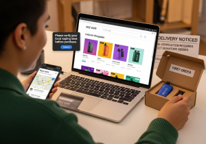 A person looking at their ID card and computer screen, completing an age verification check