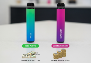 A person comparing receipts next to a Raz and a Lost Mary vape, illustrating long-term cost savings