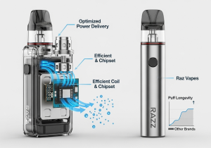 A Raz vape standing out in a crowd of other generic disposable vapes