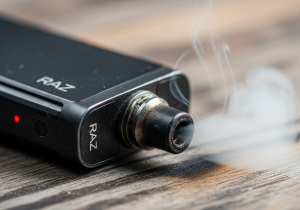 A person responsibly placing an old vape into an e-waste recycling bin and taking out a new one from its box