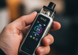 A happy and satisfied person holding a Raz vape outdoors, conveying a sense of smart choice and user satisfaction