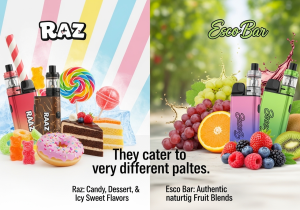 Two different people enjoying vapes—one looking happy with a sweet candy, the other enjoying a fresh piece of fruit