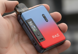 A Standout Product Gaining Attention A glowing Raz vape on a shelf, standing out from other blurry vape products in the background