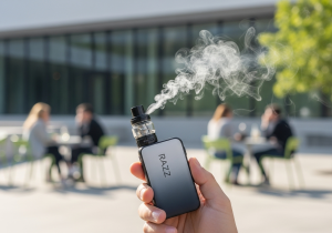 A clean, modern environment with a Raz vape on a table, contrasted with an image of a traditional ashtray being discarded